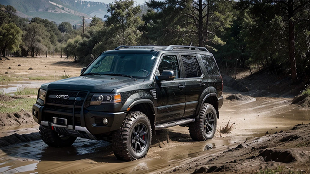 brutal black SUV with large mud tires driving off-road