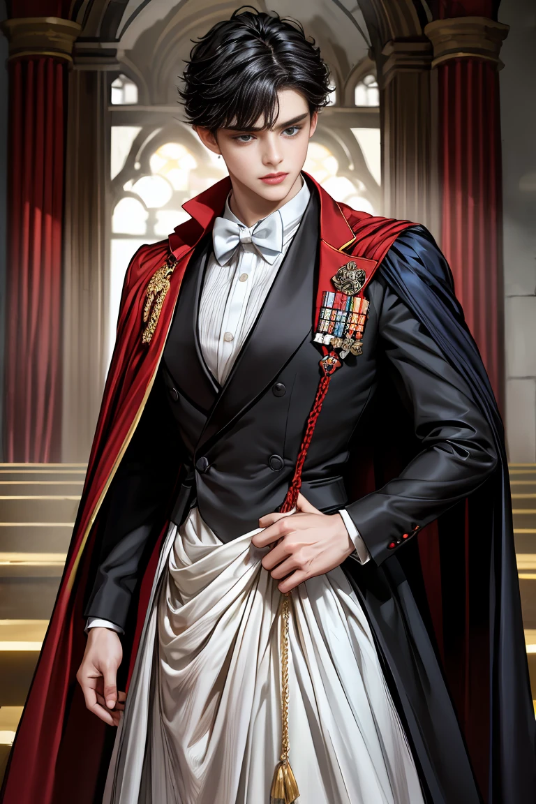 masterpiece, 最high quality, high quality, 1 boy, alone, Male focus, Watching the audience, Messy black hair, Adorable big blue eyes, White people, Noble, Noble,Sexy voluminous black and red cape、Tuxedo、A very voluminous, large, very large, very large, long, long red and black cape with a high stand-up collar, reaching down to the floor, made of a lot of fabric., 17 years old,Cute beautiful boys,Cute, cute, kind, handsome guy