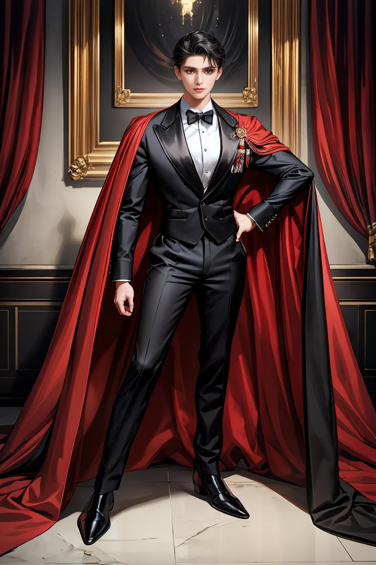 
masterpiece, 最high quality, high quality, 1 boy, alone, Male focus, Watching the audience,  Messy black hair, Adorable big blue eyes, White people, Noble, Noble,Sexy voluminous black and red cape、Tuxedo、A very voluminous, large, very large, very large, long, long red and black cape with a high stand-up collar, reaching down to the floor, made of a lot of fabric., ,Cute beautiful boys,Cute, cute, kind, handsome guy