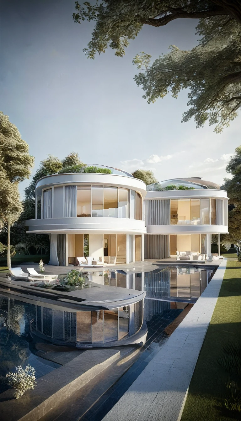 Modern villa, day light, people and vihicle, high quality render, tree, realistic