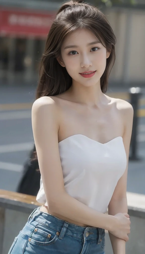 (on the table, best quality, Realistically, Very detailed, meticulous, high resolution, 8k wallpaper), Close-up portrait of a beautiful woman, like, Smile, Light brown messy hair, Perfect dynamic composition, 美丽meticulous的眼睛, Just like the cover of a fashion magazine, On Campus