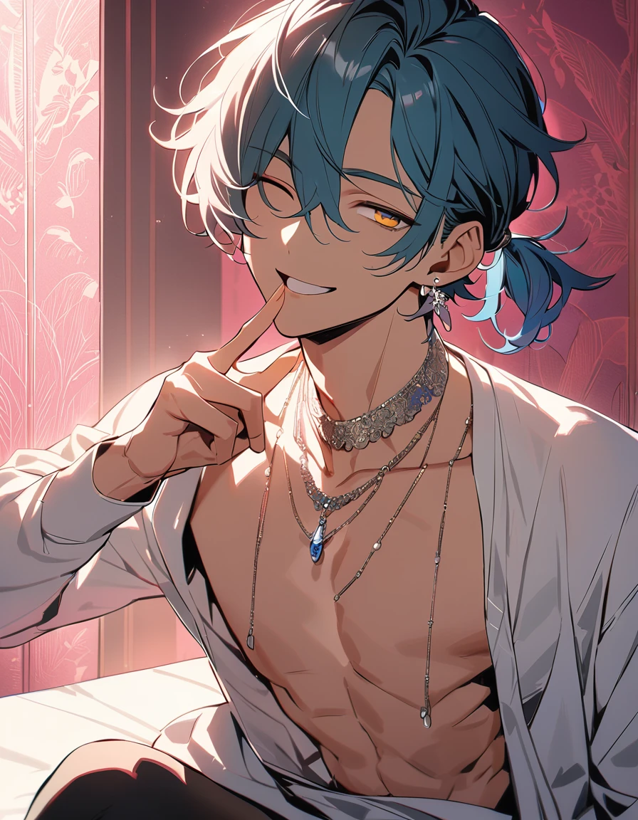 ((((best masterpiece, best quality, wallpaper,)))) solo, guy, male body, small muscles, flat chest, 1male, 30 years old, handsome man, dramatic angle, upper body, looking at viewers, beautiful detailed, finger to mouth, mediumturquoise hair, ((((Lower short ponytail)))), asymmetrical bangs, ((short hair,)) seductive smile, ((( one eye closed, gold eyes,))) (((^o^, tareme, droopy eyes,))) perfect face, sharp nose, seductive smile, clear face, open shirt, ((silver earrings, silver necklace,)) leggings, lighting back, backlighting, pink background color ultrasharp, 8K, masterpiece,