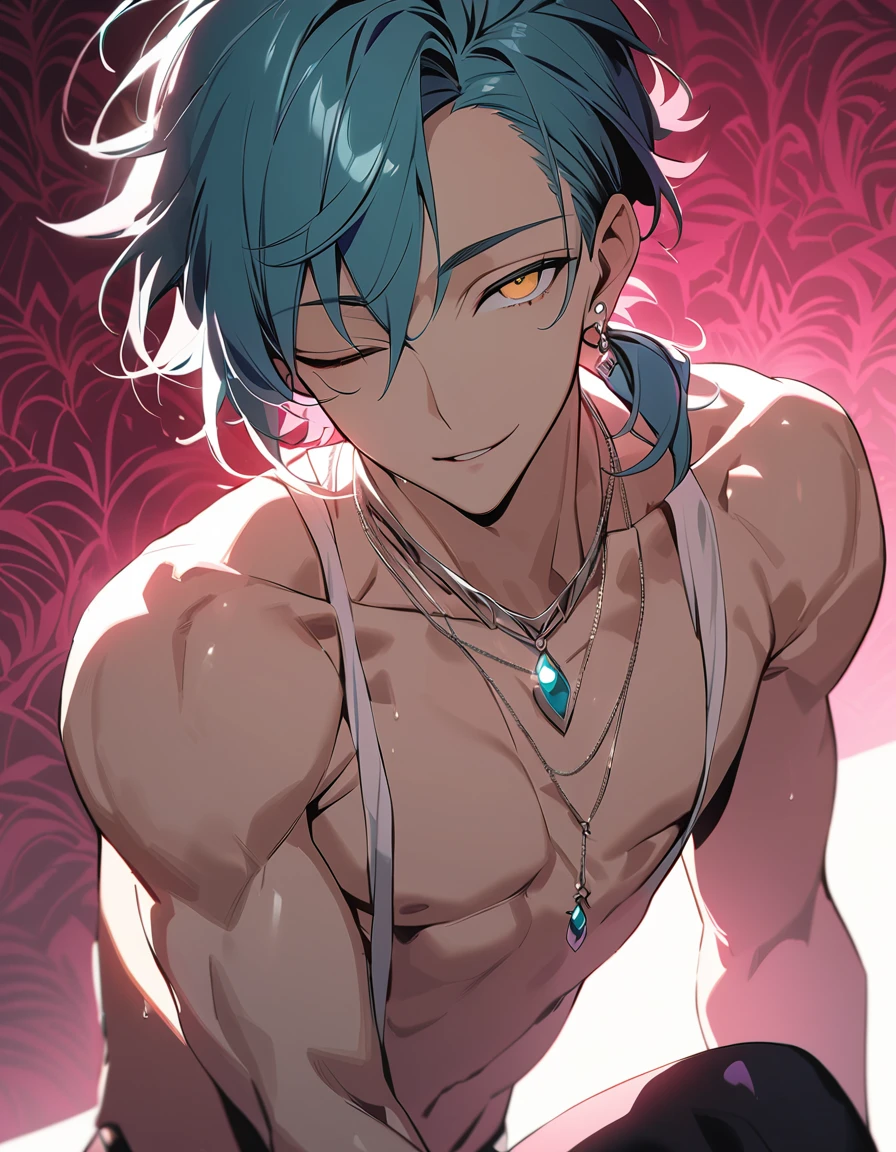 ((((best masterpiece, best quality, wallpaper,)))) solo, guy, male body, small muscles, flat chest, 1male, 30 years old, handsome man, dramatic angle, upper body, looking at viewers, beautiful detailed, finger to mouth, mediumturquoise hair, ((((Lower short ponytail)))), asymmetrical bangs, ((short hair,)) seductive smile, ((( one eye closed, gold eyes,))) (((^o^, tareme, droopy eyes,))) perfect face, sharp nose, seductive smile, clear face, open shirt, ((silver earrings, silver necklace,)) leggings, lighting back, backlighting, pink background color ultrasharp, 8K, masterpiece,