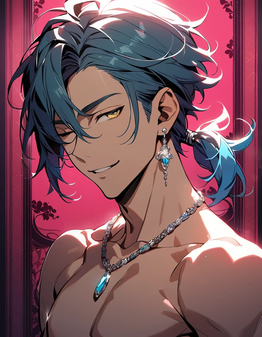 ((((best masterpiece, best quality, wallpaper,)))) solo, guy, male body, small muscles, flat chest, 1male, 30 years old, handsome man, dramatic angle, upper body, looking at viewers, beautiful detailed, finger to mouth, mediumturquoise hair, ((((Lower short ponytail)))), asymmetrical bangs, ((short hair,)) seductive smile, ((( one eye closed, gold eyes,))) (((^o^, tareme, droopy eyes,))) perfect face, sharp nose, seductive smile, clear face, open shirt, ((silver earrings, silver necklace,)) leggings, lighting back, backlighting, pink background color ultrasharp, 8K, masterpiece,