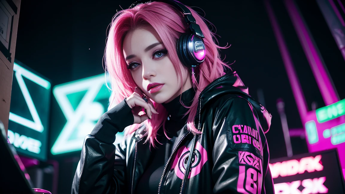 arafed woman in a black top and pink hair standing next to a DJ's mixer, rave girl, raver girl, 1 girl, DJ rave, unreal engine, rave makeup, in cyberpunk style, has cyberpunk style, rave inspired, cyber punk setting, cyberpunk vibes, cyberpunk vibe, beautiful cyberpunk woman model, cyberpunk style color, woman holds her headphones down with one hand.