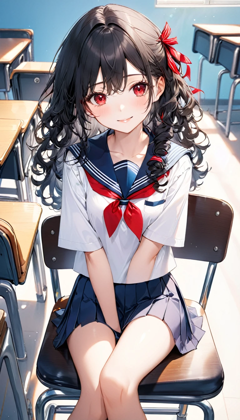(diligence style) (sit in a desk chair, text books on the wide desk), (15 yo, solo:2 curly:1.3 black hair long hair lovely girl, cute red eyes, soft smile), holding a pen, in a summer school sailor suit, red ribbon, skirt), break, in the school classroom, background a Good friends, BREAK, perfect anatomy, masterpiece, best quality, 16k, beautiful detailed grow, daydreaming expression.