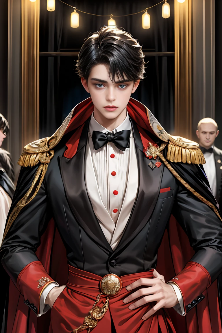masterpiece, 最high quality, high quality, 1 boy, alone, Male focus, Watching the audience, Messy black hair, Adorable big blue eyes, White people, Noble, Noble,Sexy voluminous black and red cape、Tuxedo、A very voluminous, large, very large, very large, long, long red and black cape with a high stand-up collar, reaching down to the floor, made of a lot of fabric., ,Cute beautiful boys,Cute, cute, kind, handsome guy