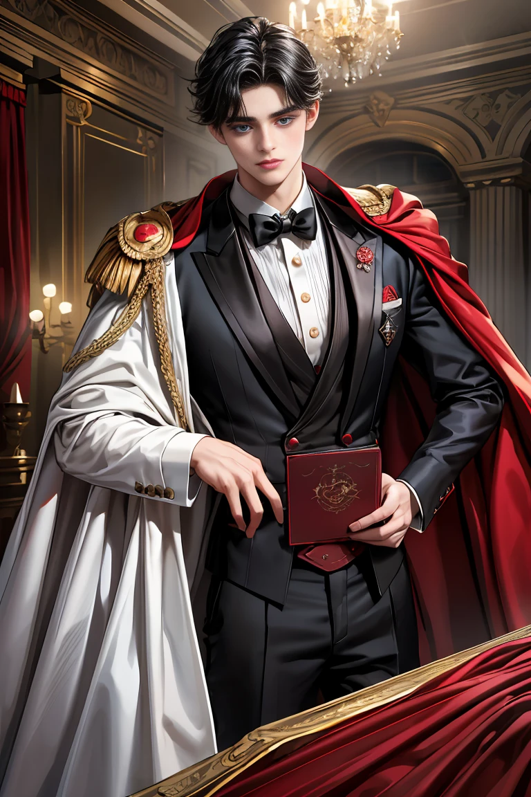 masterpiece, 最high quality, high quality, 1 boy, alone, Male focus, Watching the audience, Messy black hair, Adorable big blue eyes, White people, Noble, Noble,Sexy voluminous black and red cape、Tuxedo、A very voluminous, large, very large, very large, long, long red and black cape with a high stand-up collar, reaching down to the floor, made of a lot of fabric., ,Cute beautiful boys,Cute, cute, kind, handsome guy
