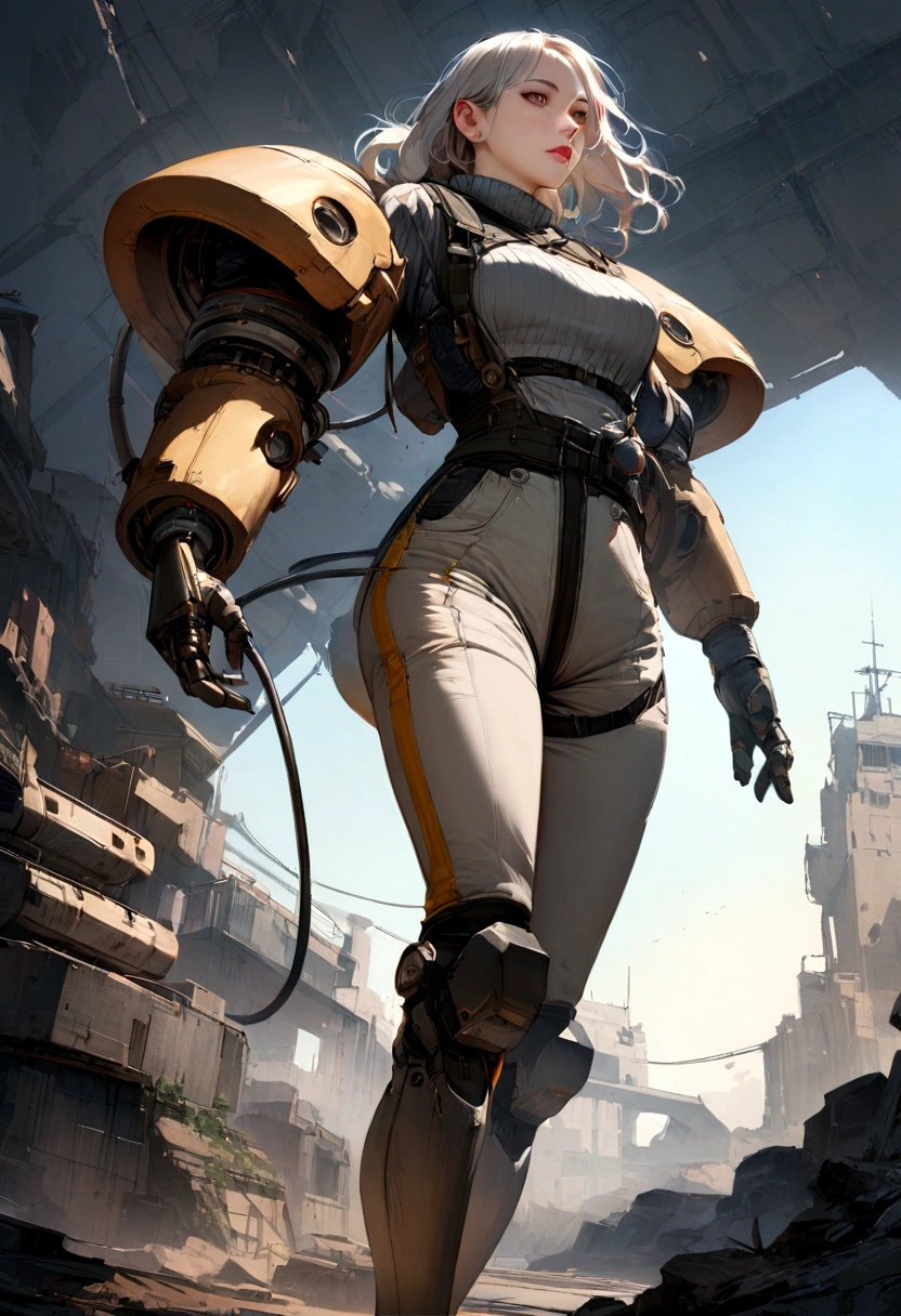 ((Highest quality)), ((masterpiece)), (detailed),One girl is in the center,Bottom to top angle、Wide-angle background、The whole body is visible、Gaze into the distance Off-the-shoulder sweater, Spacesuit、The cyberpunk world、Overall image based on white、The accent colors are yellow and a little bit of black.、Make your facial expressions realistic、The background is depicted with realistic machinery and does not use many curves.