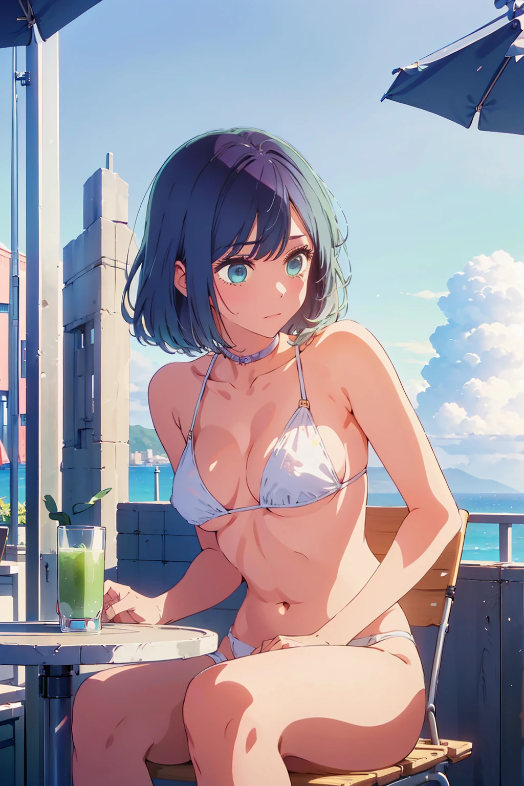 (Highest quality:1.4、8K:1.4、detailed)、F cup bust、Big Breasts、Slim body、Very white beautiful skin、((((1 person、Surprised expression、sit、Chair、In the background are the urban buildings of Tokyo、looking at the camera、Outdoor café terrace、coastal、Navy hair color、juice、Shooting up close、table、Very cute face))))、(The areola and nipples protrude from the fabric:1.3)、(White Bikini:1.2)、Very blue sky、A completely cloudless sky