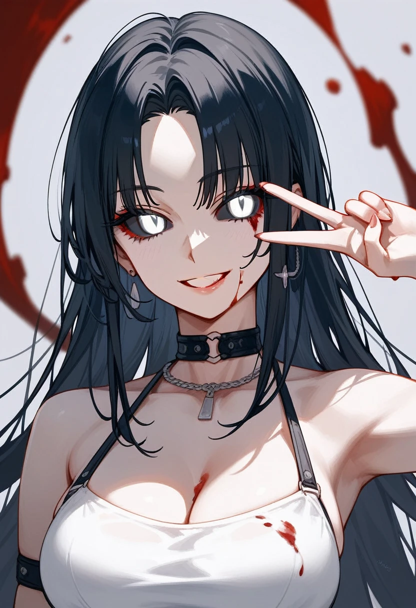 masterpiece, zoom out, score_9, score_8_up, score_7_up, portrait, 1 girl, alone, black hair, long hair, long parted bangs, white eyes, black sclera, (blood tears, small smile), evil, parted lips, expressionless, big breasts, upper body, V-neck strap basic dress, black bottom, best quality, long split bangs.