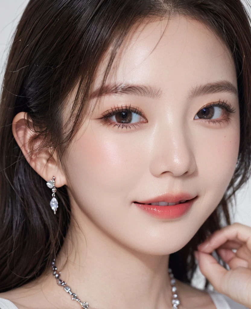 (Canon RF85mm f/1.2,best quality,Reality:1.4,light),(1 girl,Korean mixed,Korean Idol:1.2,beautiful long_Slim_leg),(long_Brown_Wavy_hair),(pink_shining_Lips,pink_Eyeshadow,eyelash,powder_blush,cosmetic),(White_shining_skin,black eyes,Pores,skin texture,shining),(necklace,earrings),Large Breasts,Smile,Dynamic poses