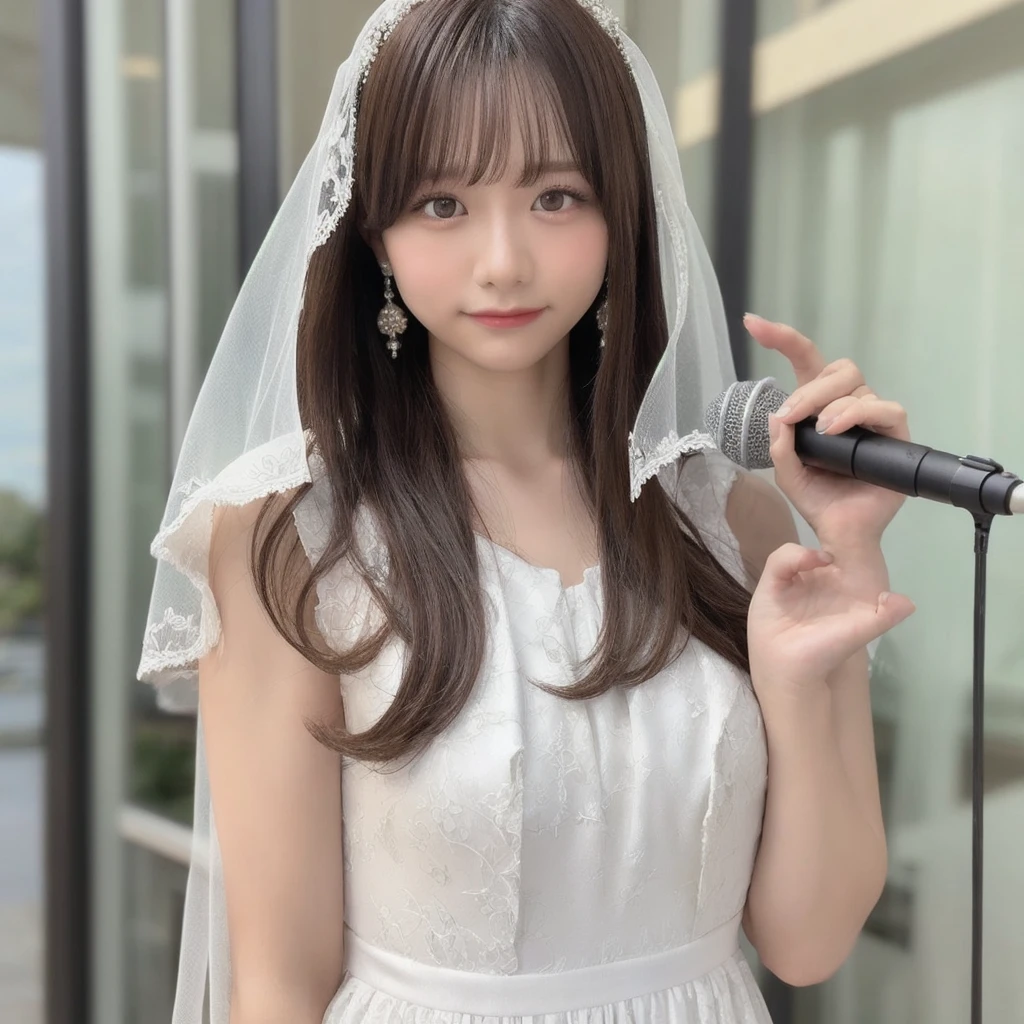 A beautiful young Japanese idol in a white dress and veil holding a microphone. Extremely detailed and realistic portrait, intricate anime cosplay, Instagram model, artcore style, lost in reverie. 8k resolution, Canon EOS R6 photography, background is bright, female body.