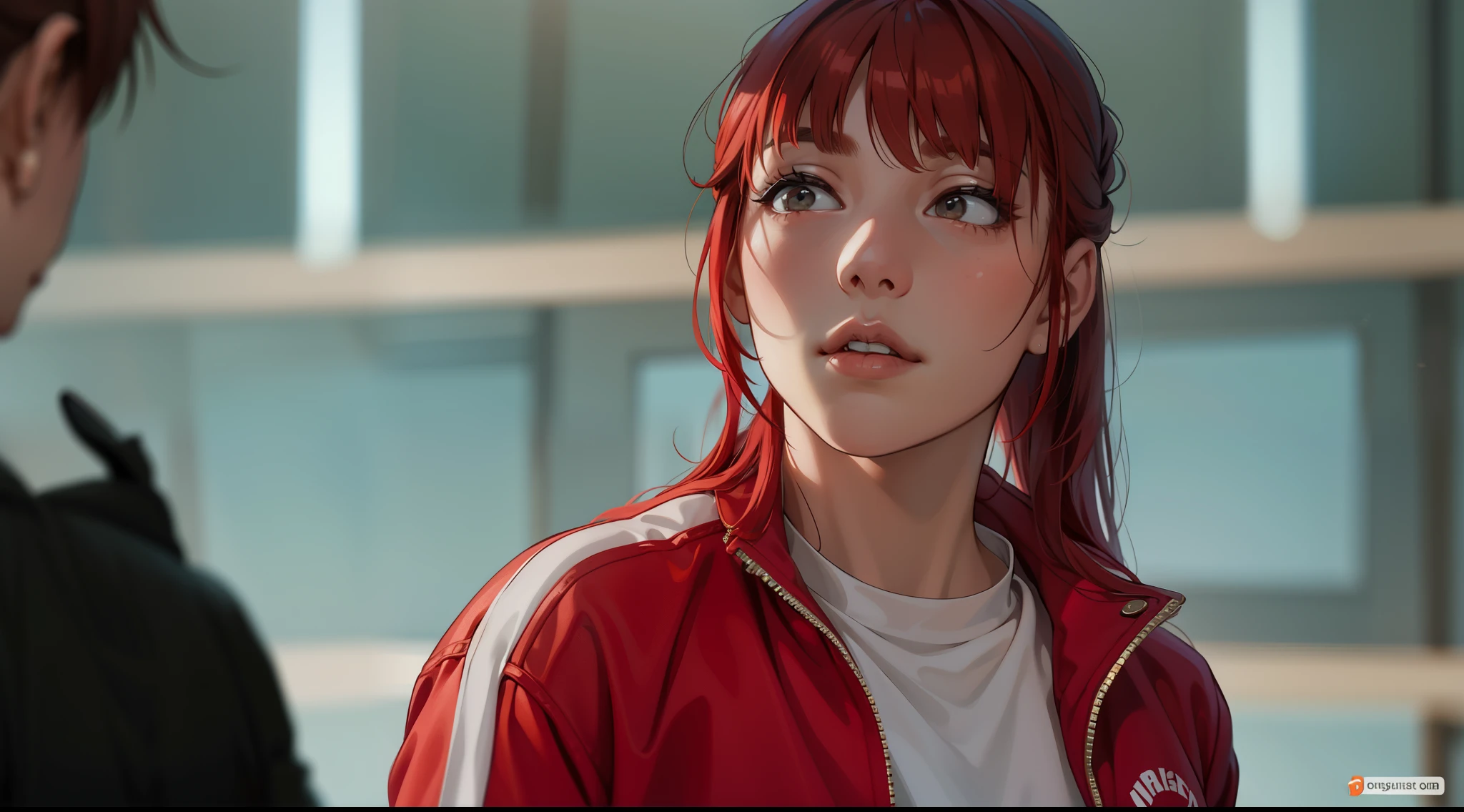 cute 17 year old girl with red hair is talking with haughty, proud and arrogant