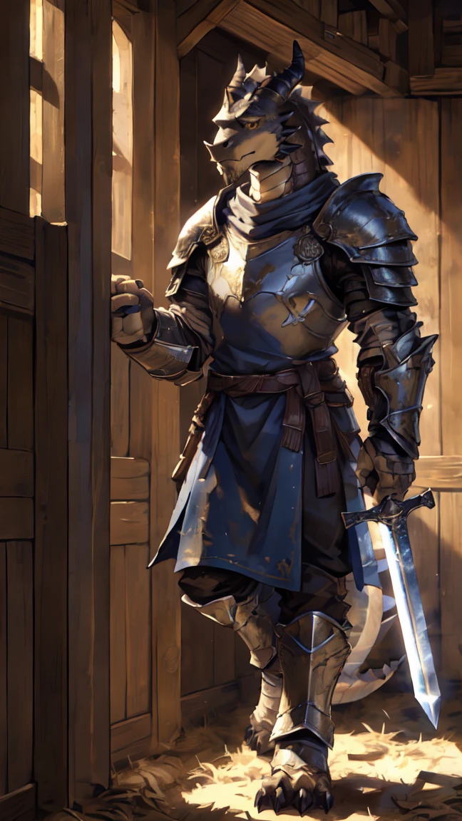 Medieval background:1.6，((Crusu:1.6))，Sunlight，high resolution，4K，gay，(((whole body:1.1)))，masterpiece，high quality，Calm and calm，((dragon))，male，(((Training in the barracks:1.3)))，dragonFurry，(teenager:1.3)，hairy，((Stable，Handsome face:1.4))，((peaceful))，((Holding a long sword:1.5))，(((strong:1.4，Long legs:1.3，粗壮dragon尾:1.2)))，(((Gray head:1.2，Golden pupils:1.1，White neck:1.3，Gray back of hand:1.4，White muscles:1.3)))，(((White Armor:1.3，Armor has a blue banner:1.4)))，Mature face，Exquisite eyes，Detailed body，Detailed hands，Detailed feet，Strike a pose，Kenket&#39;s style