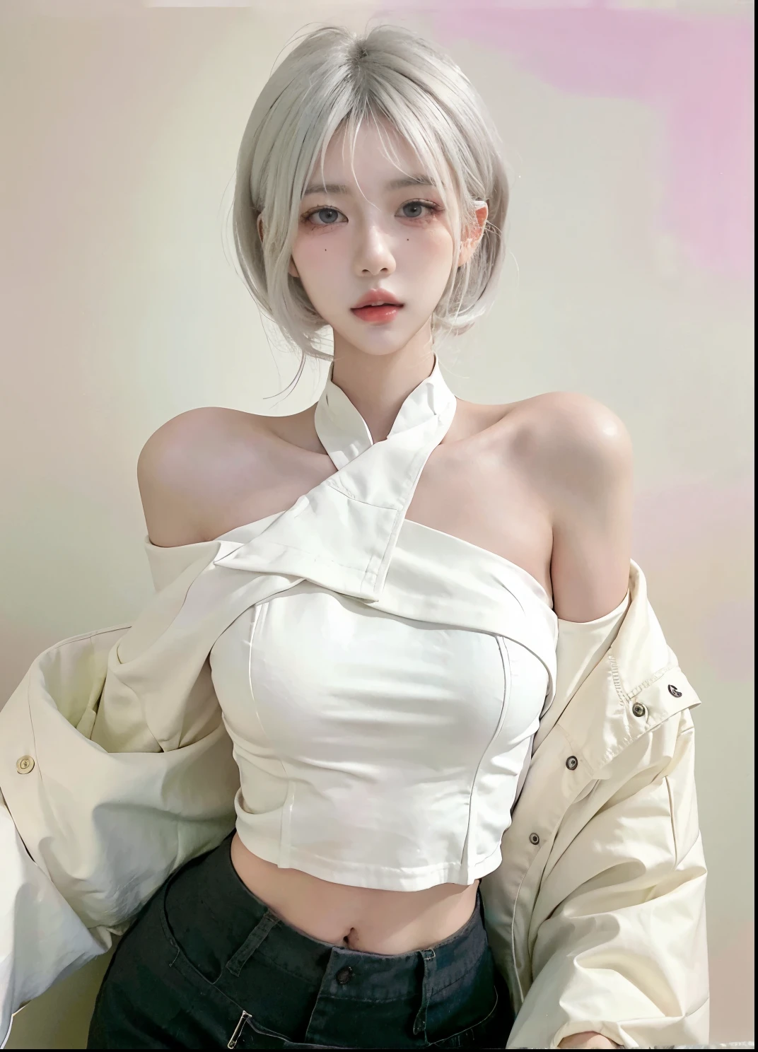 Beautiful woman with perfect figure:1.4，Ultra-high resolution，White background，（Realism:1.4)，Layered hairstyle，White skin，JK:1.5，Super short pleated skirt，whole body：1.4，Very delicate and skin texture，Double eyelids，Skin Whitening，short hair，White hair
