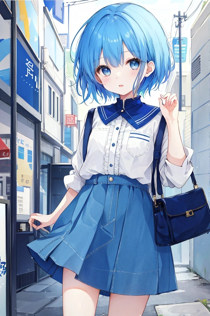 Girl、Blue hair short、Feminine fashion
