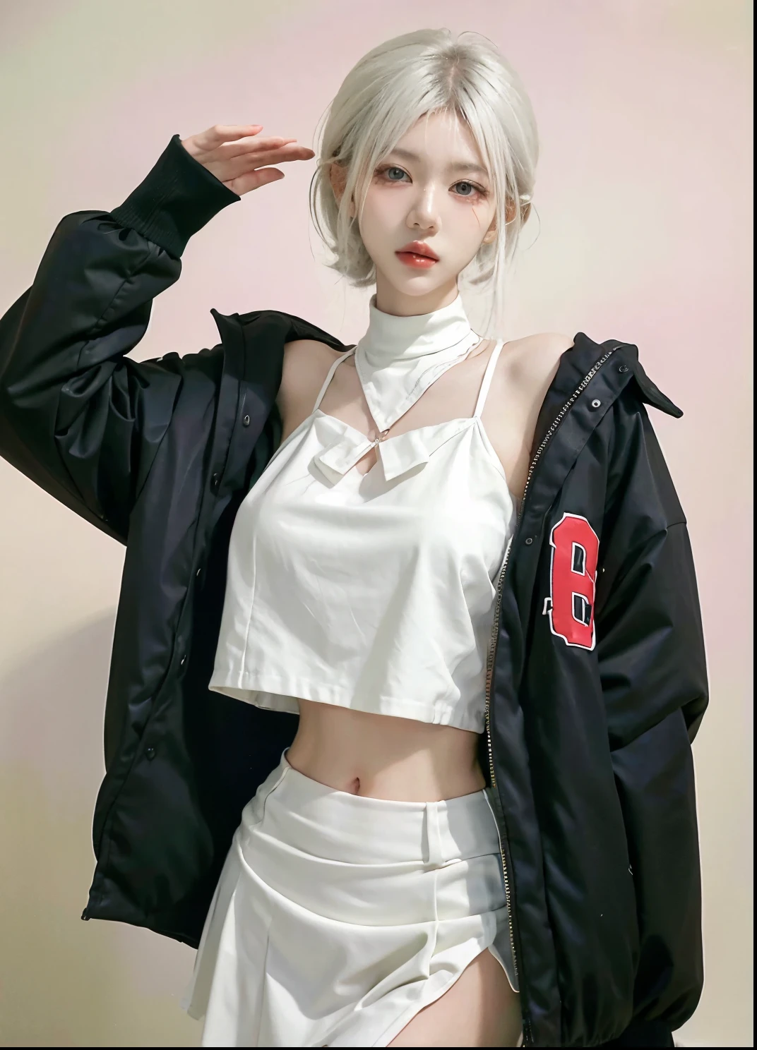 Beautiful woman with perfect figure:1.4,Ultra-high resolution,White background,(Realism:1.4),Layered hairstyle,White skin,JK:1.5,Super short pleated skirt,whole body:1.4,Very delicate and skin texture,Double eyelids,Skin Whitening,short hair,White hair