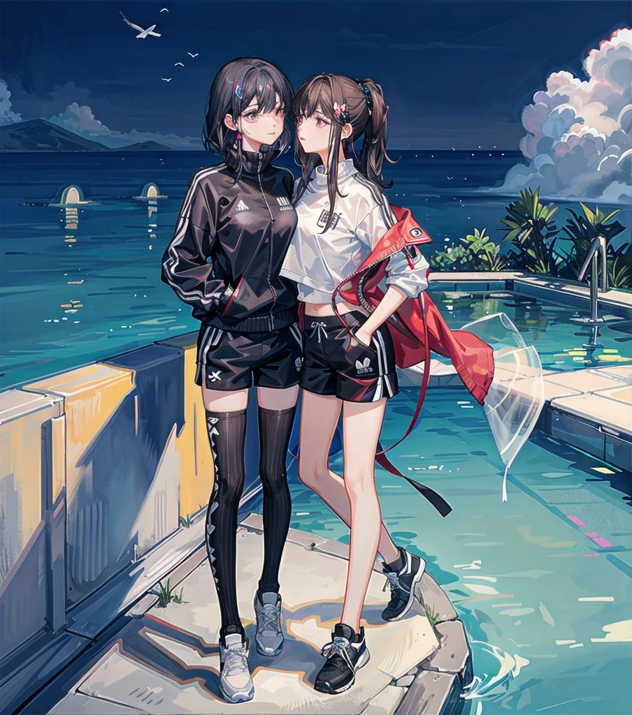 full body, delicate facial features, medium tits, medium hair, black hair, tearful mole, earring, tracksuit, shorts, pool, yuri, 2 girls,