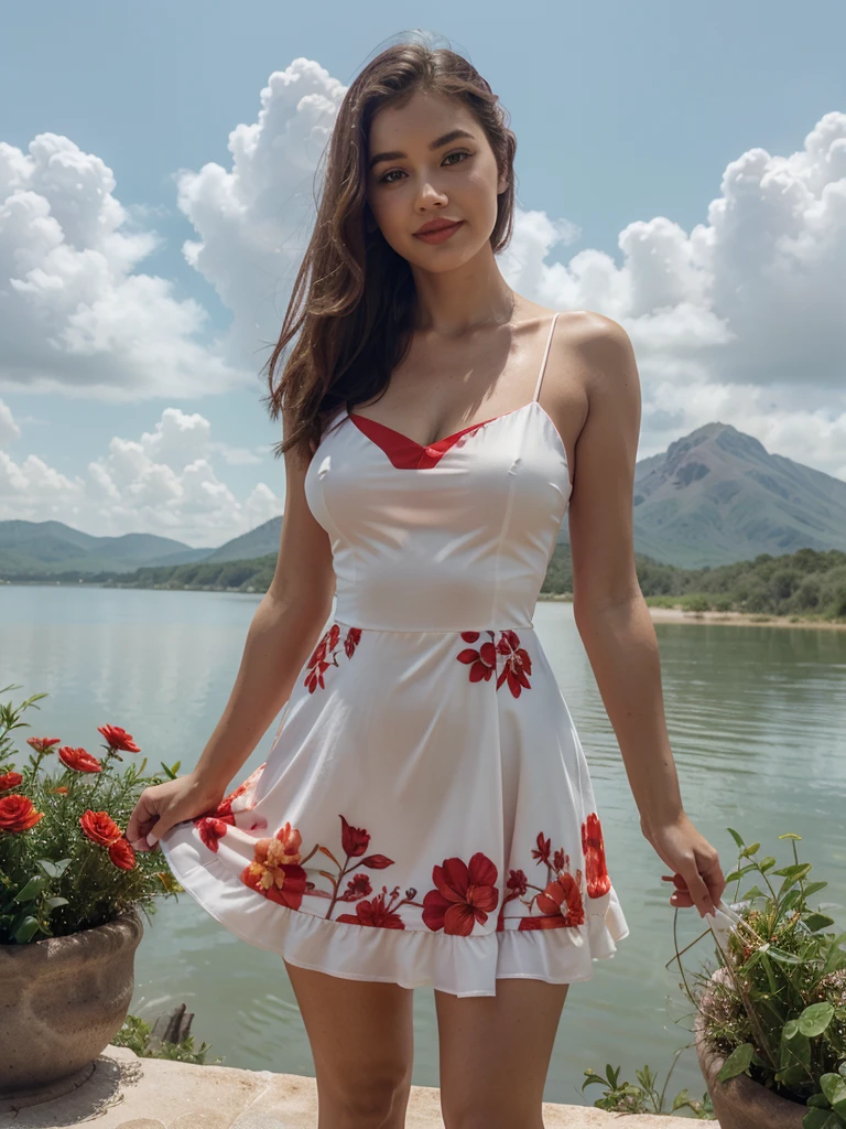Araffe dress,Red dressRed wearing a short dress (white),Crocodile nearbya mountain of water near the Crocodiles nearby.light green,shining flowers,Red skywearing a suit (white), lipstick (pink)White flowersEscasamente vestido.Smooth sky model Hermosa figuracuerpo voluptuoso curvy hermosas sonrisa seductora Retrato Gabriella Lin Rojo Orange dress Red