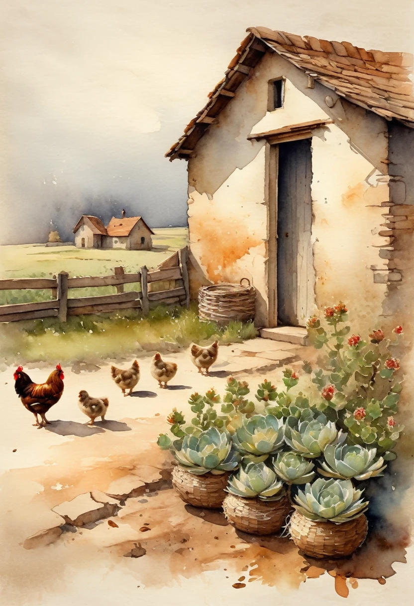 Watercolor landscape, Hen and chicks in a farmhouse yard, (((on old faded cracked texture of rough watercolor paper with torchon))), vintage frayed page edges, muted color palette, in shades of beige, olive, gray, brown and red. Watercolor, by Paul Stone style, minimalism, rustic, highest resolution: 1.5; 8k