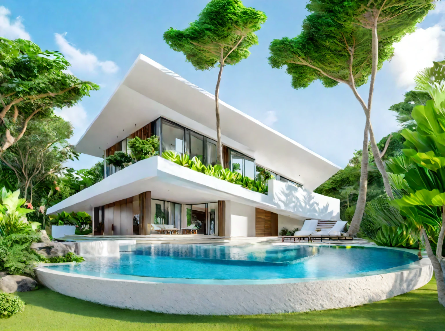 ((modern villa)0, modern material, daytime, bright sky, tropical tree arround the villa, people and card, best quality 3d render