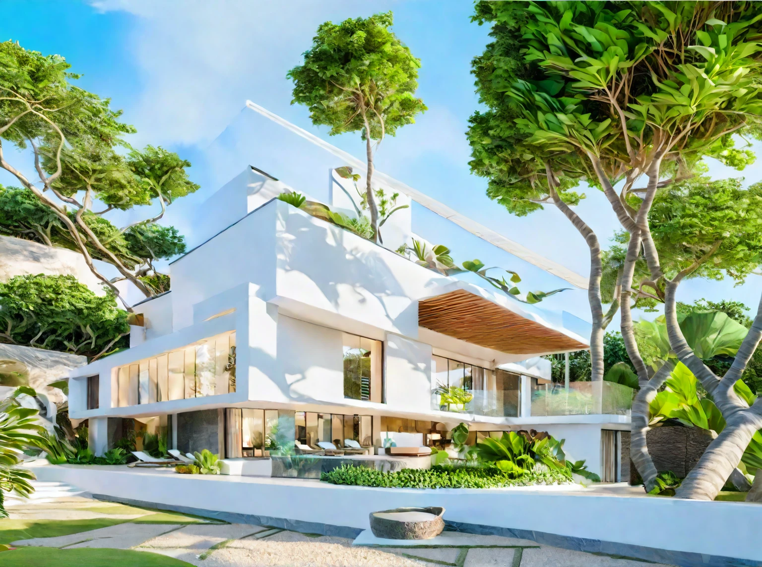 ((modern villa)0, modern material, daytime, bright sky, tropical tree arround the villa, people and card, best quality 3d render