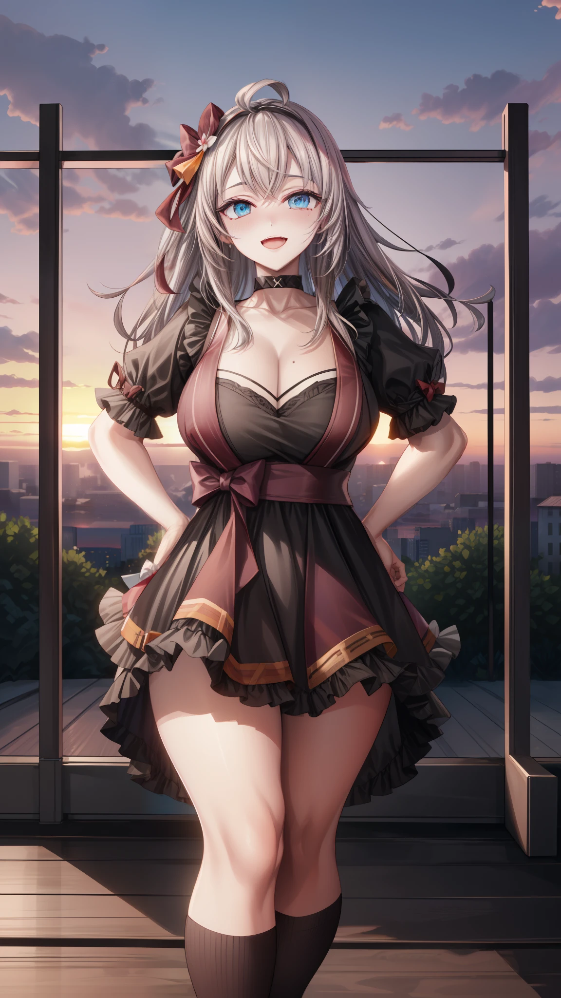 Alisa Kujou, 

(sunset:1.7), 1 girl standing at attention, 22 years,young female,beautiful Finger, beautiful long legs ,beautiful body ,beautiful Nose ,beautiful character design, Perfect eyes, perfect face,

there is an anime girl., 1 girl, Thighs, Alone, Blue eyes, old, black dress ,elegant , long socks (((short dress))) , neckline, bow, hand on hip, blush, black Thighs, bowtie, inside, brown shoes, The Great Passage, moccasins, heels, old, looking at the viewer, take half distance, close up shot of open mouth, Thighs,

looking at the viewer, SMILE, greeting the viewer, In the center of the image, Fondo de pantalla CG unity 8k extremadamente detallado, perfect lighting,showy, bright_forehead_face_Lightinasterpiece:1.0),(better_quality:1.0), ultra high resolution,4k,ultra detailed,
Photography, 8k, HDR, high resolution, absurdities:1.2, portrait of codas, film grain, blurred background, bokeh:1.2, Lens flare, (Vibrant_color:1.2)
, (beautiful_face:1.5),(narrow_waist), (beautiful)