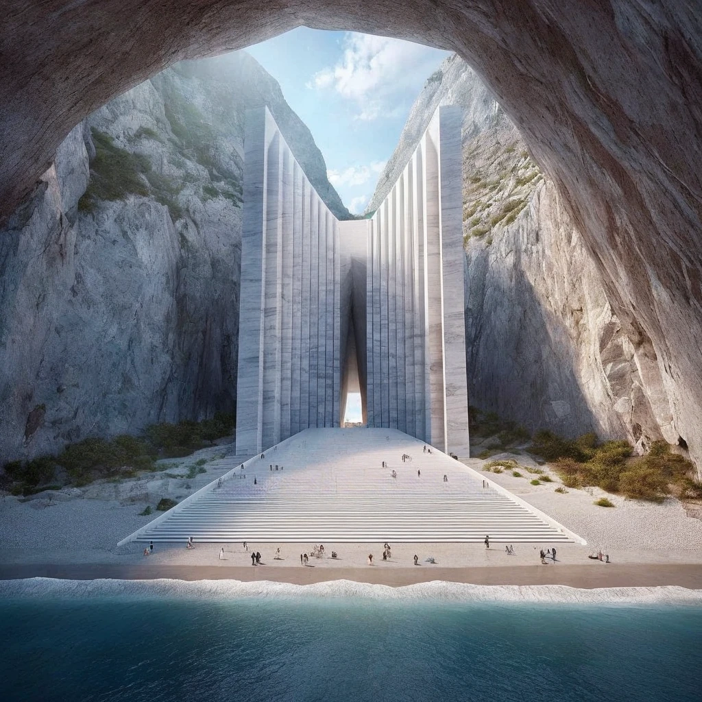 a gigantic and imposing monumental structure embedded inside a mountain,And in turn, the entrance is covered by a mountain built with marble or white concrete., with modern design of two individual and symmetrical straight lines, rising towards the sky. The entrance has white marble stairs into the sea, leading to the main entrance, in a beach landscape with beautiful views towards a crystal clear sea