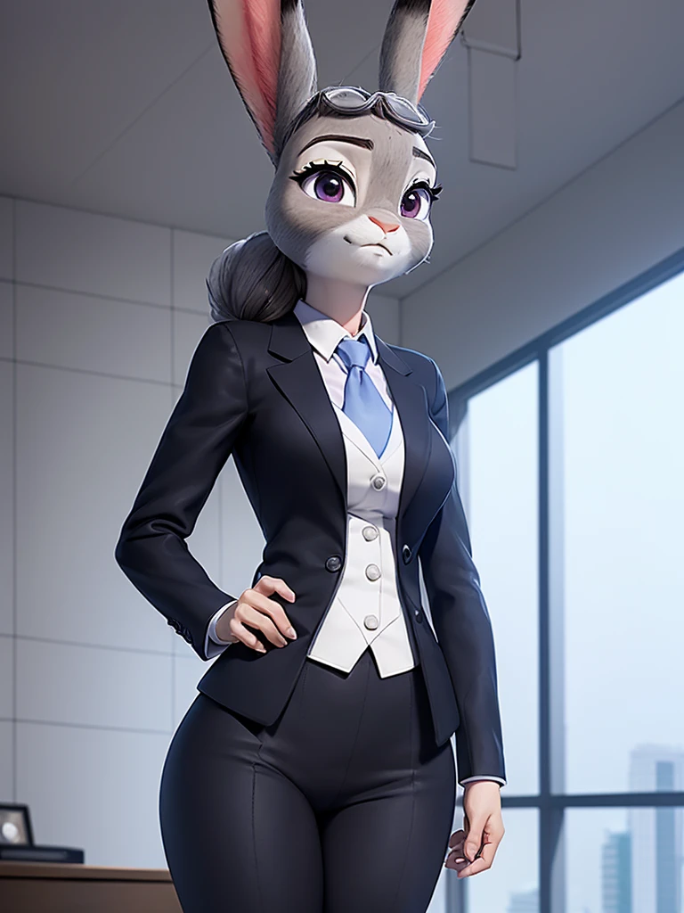 best quality, masterpiece, 3D anime, (((solo))), (((1girl))), ((Face is JudyHopps)), (long ears like a rabbit:0.8), Heir is black ponytail style, Body is human lady, Navy blue business suit, Tailored jacket, White blouse, Skirt, (the suit is made of wool:1.4), suit color is {gray, black, stripe}, ((skin is silver with fluffy and fluffy)), (portrait view), In the background there is a office space, Her expression shows subtle makeup, with a sense of nervousness and determination, ((Standing with a straight posture))