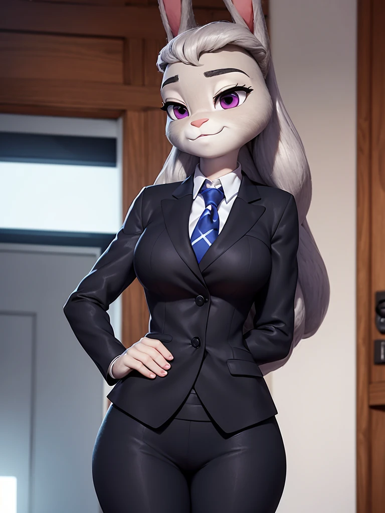 best quality, masterpiece, 3D anime, (((solo))), (((1girl))), ((Face is JudyHopps)), (long ears like a rabbit:0.8), Heir is black ponytail style, Body is human lady, Navy blue business suit, Tailored jacket, White blouse, Skirt, (the suit is made of wool:1.4), suit color is {gray, black, stripe}, ((skin is silver with fluffy and fluffy)), (portrait view), In the background there is a office space, Her expression shows subtle makeup, with a sense of nervousness and determination, ((Standing with a straight posture))