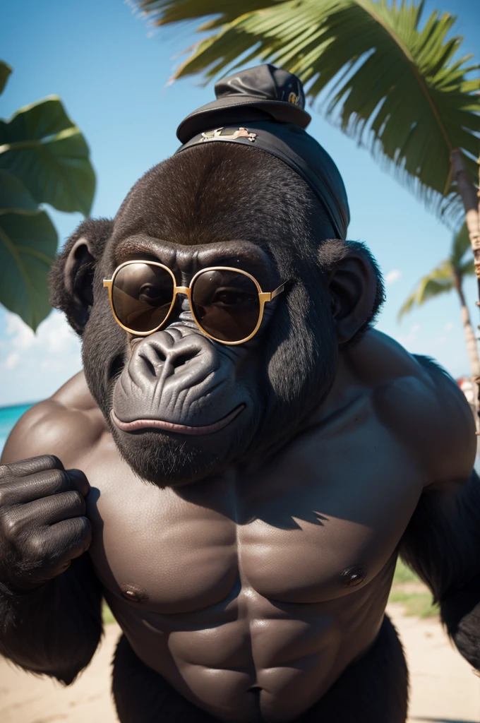 Cartoon gorilla in cap and sunglasses