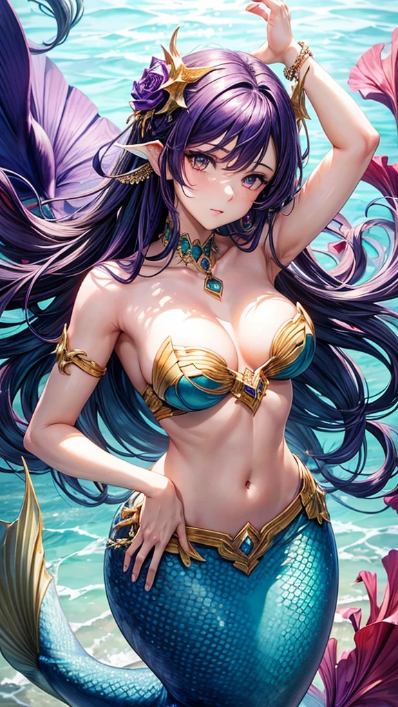 (masterpiece), best quality, expressive eyes, perfect face, purple hair, yellow eyes, mermaid, women, 