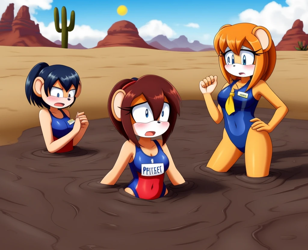 Mobian girls, best quality, HD, full body, sexy breasts girl, monkey girls, desert, hair, group lined up, group together, 6girls, group peril, multiple girls, 6girls together, hair, 6girls upper body, 6girls in quicksand, hair, dripping, panic, group, multiple girls, open mouth, masterpiece, teranen, sad, one-piece swimsuit, quicksand, sinking, 6girls in quicksand, scream, hands up, gurgling, drowning, orgasm, challenge, submerged, group sinking, school swimsuit, panic, peril, swimsuit, one-piece swimsuit, school swimsuit, old school swimsuit, blue one-piece swimsuit, name tag, group peril, desert, crowded, closed up