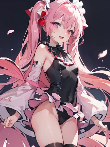 crotch,between legs ,smile,open mouth,pleasure,blush,embarrassed,(((low angle))),(best quality, 8k, masterpiece:1.2, nsfw,ultra-detailed,realistic,photorealistic,anime,Soft lighting,Bokeh), luka_megurine \(vocaloid\),sakura luka,1girl,Anime-like beautiful girl,silky smooth and very beautiful skin,very beautiful embarrassed face,Ordinary chest, 5headed body,Skinny type,Not muscular,5This refers to,Manicure is cherry colored, break, Perfectly beautiful figure,Height 162cm,Bust 87cm,Waist 56cm,Hip 85cm, blue eyes, girl, very long hair, purple eyes, long hair, solo, (bangs, pink hair, shining hair, light pink hair, ),official alternate costume, (((bunny leotard))), hair ornament, collarbone, (((casual leotard)), (((black frilled leotard:1.4))),(((ribbon_trimmed leotard,frilled leotard))).