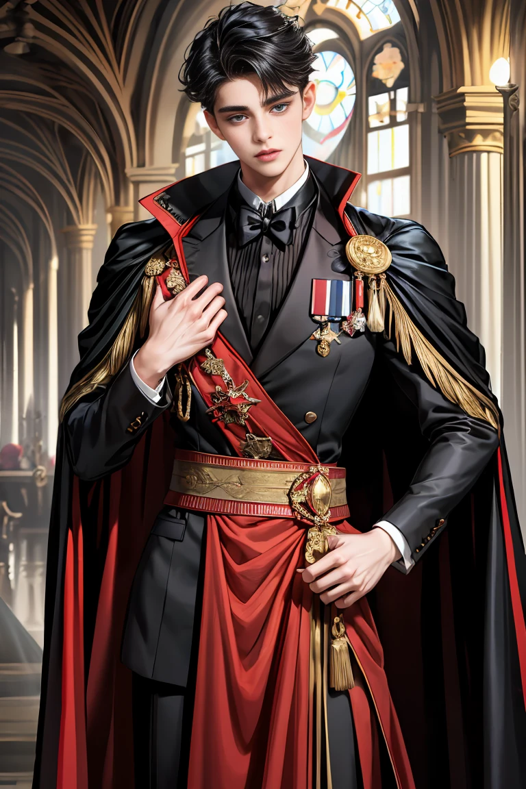 
masterpiece, 最high quality, high quality, 1 boy, alone, Male focus, Watching the audience,  Messy black hair, Adorable big blue eyes, White people, Noble, Noble,Sexy voluminous black and red cape、Tuxedo、A very voluminous, large, very large, very large, long, long red and black cape with a high stand-up collar, reaching down to the floor, made of a lot of fabric., 17 years old,Cute beautiful boys,Cute, cute, kind, handsome guy