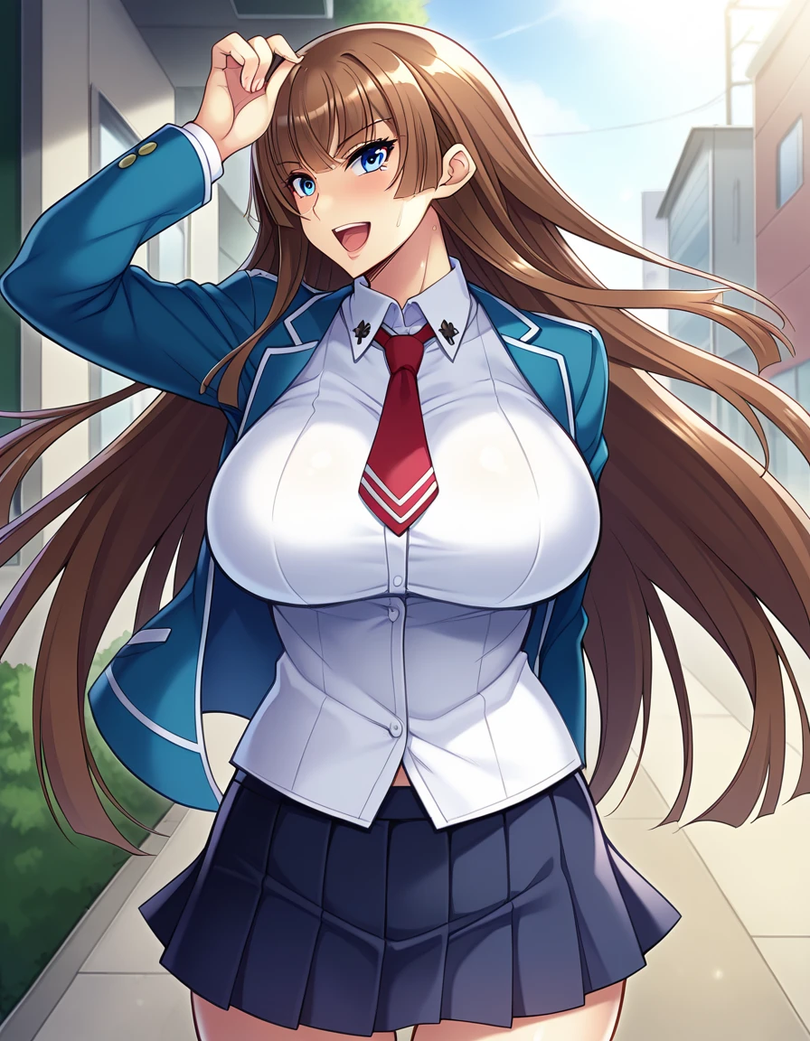 score_9, score_8_up, score_7_up, score_6_up, source_anime, aoi_nagisa_\(metalder\), BREAK solo, 1girl, koukawa asuka, brown hair, long hair, blue eyes, bangs, (huge breasts:0.8), medium body, BREAK (blue school_jacket:1.2), breasts, white collared _blouse, tight clothes, red long_tie, black pleated_skirt, BREAK happy, open mouth, outside, street, (upper body:1.1),