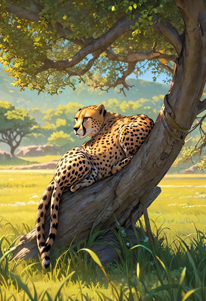 cheetah napping in a tree, the grass in the meadow is swaying in the wind,