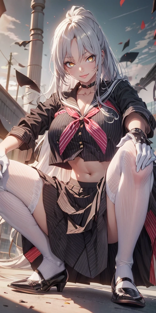 (black hair:1.3), long hair, parted bangs, 1girl, blood, squatting, solo, very_long_hair, serafuku, navel, school_uniform, ???????, skirt, choker, black_serafuku, looking_at_viewer, black_skirt, midriff, black_footwear, gloves, high_heels, teeth, sleeves_rolled_up, jacket, large_???????