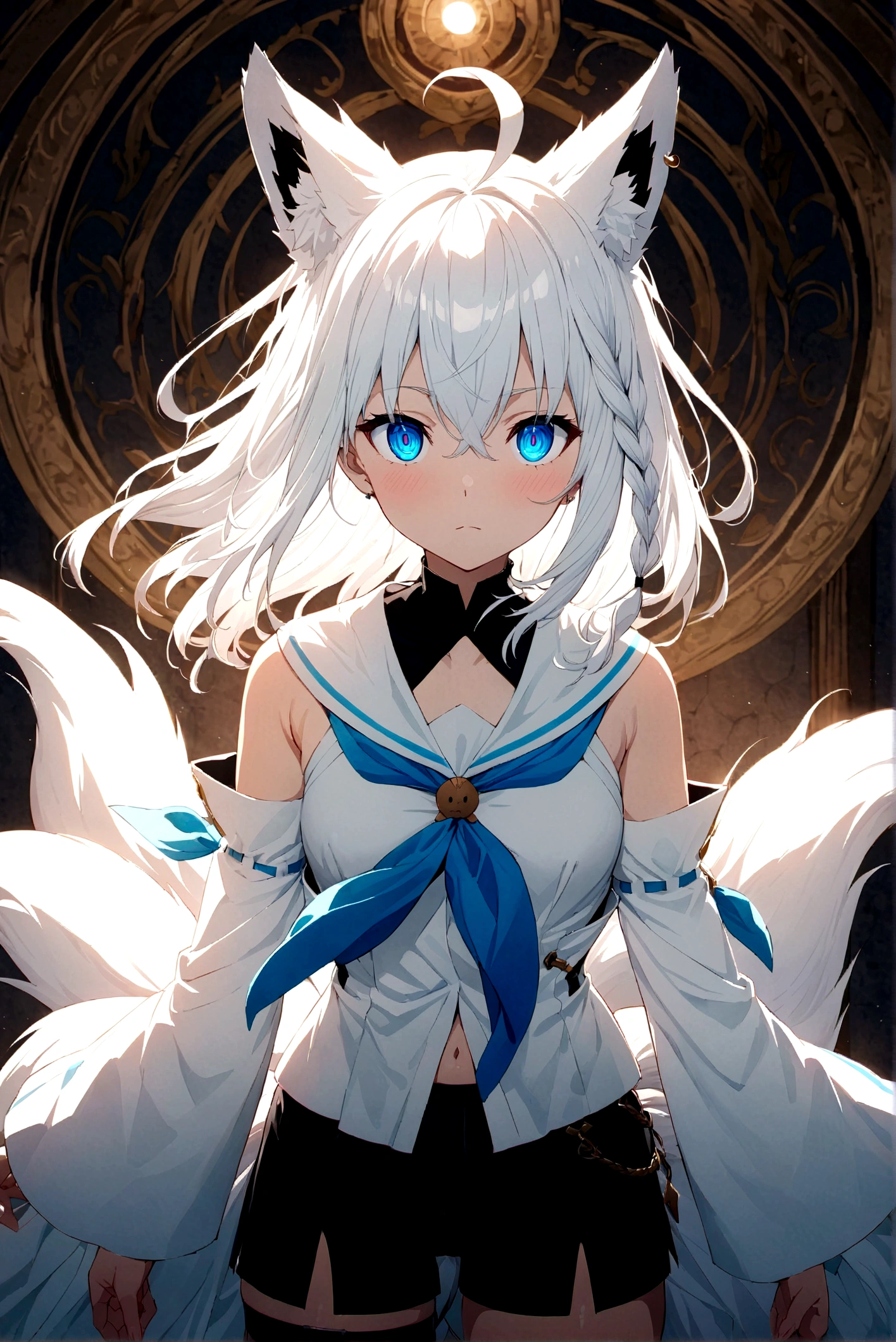 masterpiece, Highest quality, anime, Highly detailed face, Highly detailed eyes, Highly detailed background, Perfect lighting, fubuki_base, White blouse, Removable sleeves, Black shorts, Blue neckerchief, Thigh straps, Single knee socks, Gray Hair, One-sided knitting, Ahoge, Earrings, Shiba Inu tail