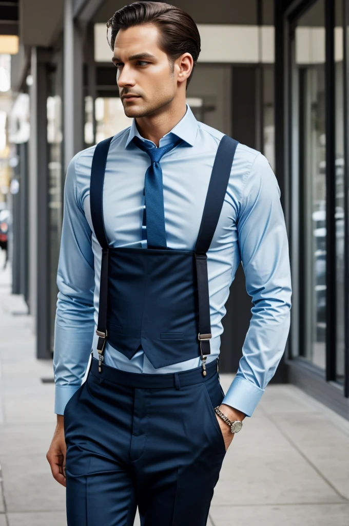 Man in light blue shirt, black dress pants and royal blue suspenders 