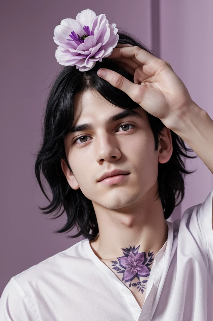 Image of a boy with long unruly black hair, purple eyes, wearing a white shirt, pale, slightly pink skin, flower tattoo on neck, elegant features, night room, dynamic camera angle, realistic skin, realistic hands, perfect hands, lines of action, motion blur background