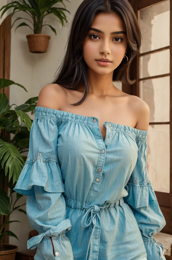((best quality)), ((masterpiece)), (detailed),
Indian 1girl, off-shoulder shirts ,