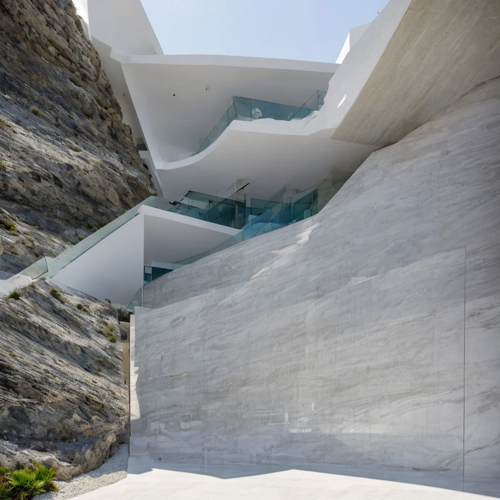 a gigantic and imposing monumental structure embedded inside a mountain,And in turn, the entrance is covered by a mountain built with marble or white concrete., with modern design of two individual and symmetrical straight lines, rising towards the sky. The entrance has white marble stairs into the sea, leading to the main entrance, in a beach landscape with beautiful views towards a crystal clear sea