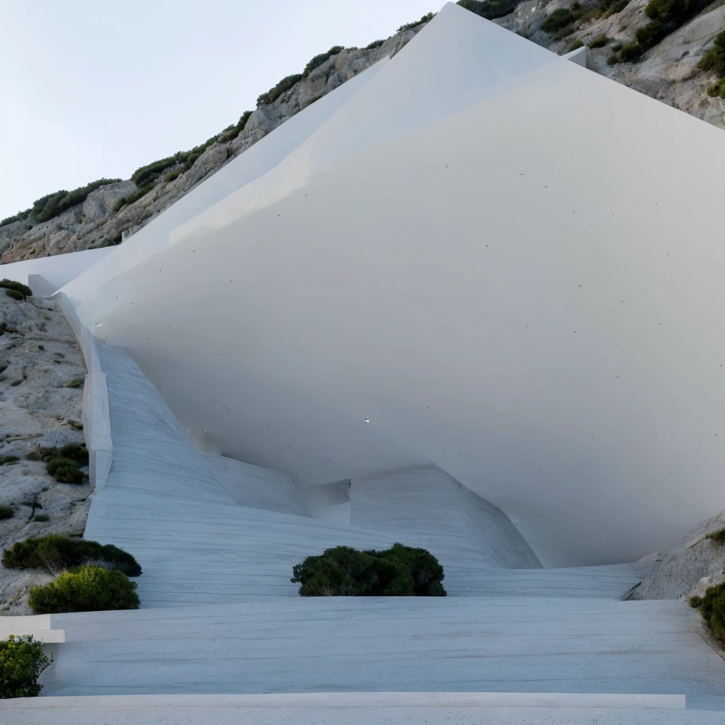 a gigantic and imposing monumental structure embedded inside a mountain,And in turn, the entrance is covered by a mountain built with marble or white concrete., with modern design of two individual and symmetrical straight lines, rising towards the sky. The entrance has white marble stairs into the sea, leading to the main entrance, in a beach landscape with beautiful views towards a crystal clear sea