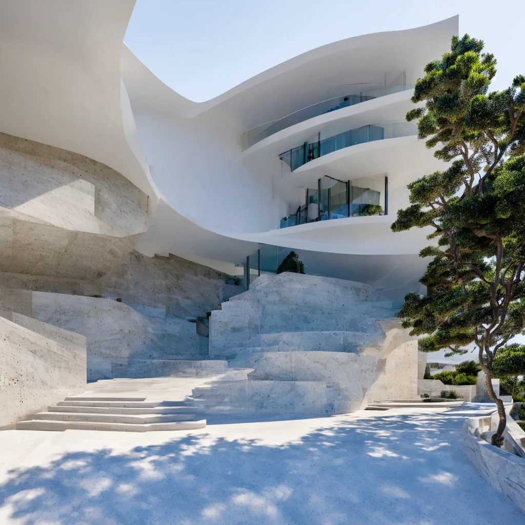 a gigantic and imposing monumental structure embedded inside a mountain,And in turn, the entrance is covered by a mountain built with marble or white concrete., with modern design of two individual and symmetrical straight lines, rising towards the sky. The entrance has white marble stairs into the sea, leading to the main entrance, in a beach landscape with beautiful views towards a crystal clear sea