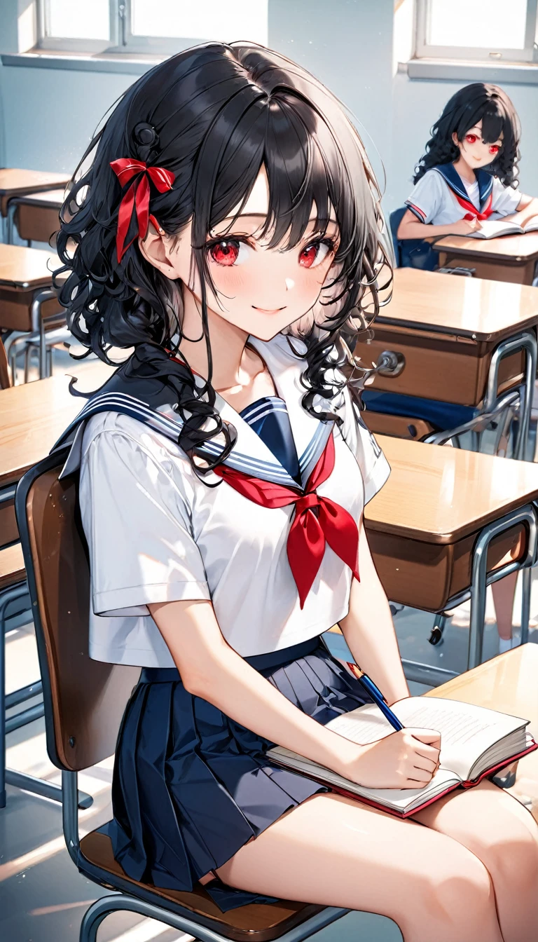 (diligence style) (sit in a desk chair, text books on the wide desk), (15 yo, solo:2 curly:1.3 black hair long hair lovely girl, cute red eyes, soft smile), holding a pen, in a summer school sailor suit, red ribbon, skirt), break, in the school classroom, background a Good friends, BREAK, perfect anatomy, masterpiece, best quality, 16k, beautiful detailed grow, daydreaming expression.