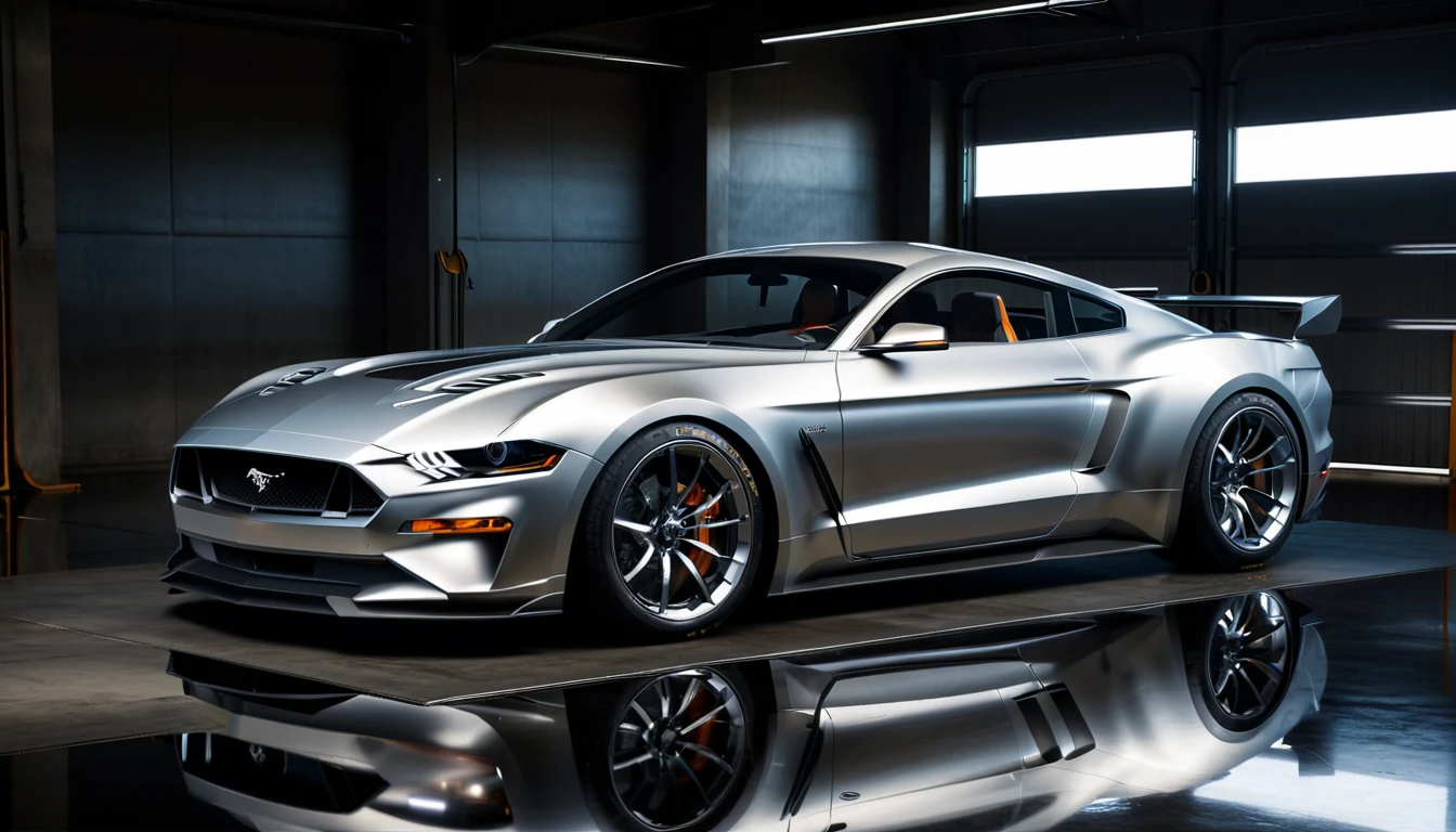 Futuristic sports car, minimalist garage, sleek design, metallic paint, studio lighting, by WETA Workshop and Vehicle Design, artstation, hyperrealistic, (shadows:1.5) for depth, (reflections:1.5) on the car body, Like a Mustang