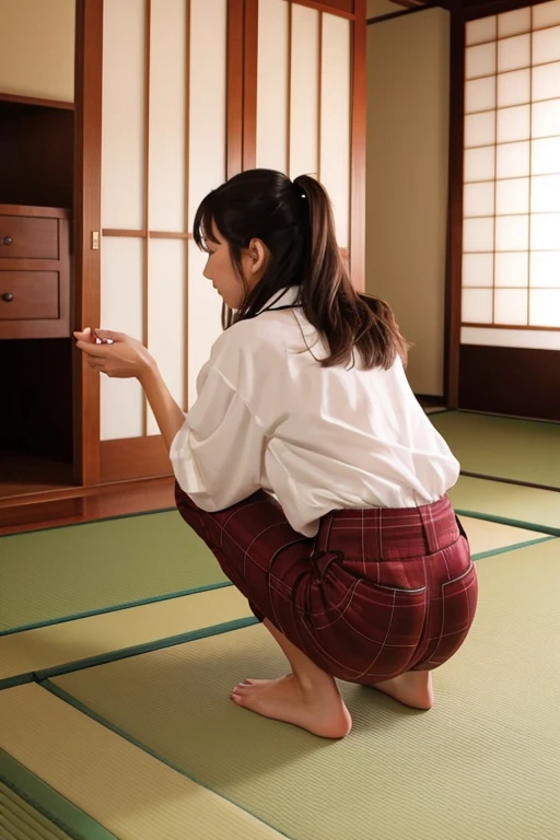 A woman changing clothes in a Japanese-style room　Take off your pants to your knees　Back view
