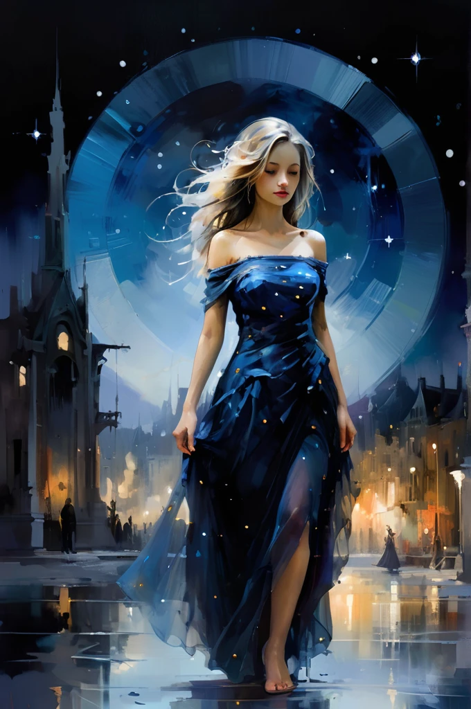 Dream Scenery,Conceptual art,digital art,by Anne Bachelier,a glowing neon-colored circle,
A woman wearing a blue long dress with her hair up is standing in the background of a dark blue night sky. Her long dress is decorated with dots of stars,which seem to be the reflection of stars in the night sky. Mystery and romance,starry sky,universe and endless imagination space,realistic and abstract,dreamy and surrealistic,the use of colors is very unique. The dark blue background forms a harmonious unity with the female blue dress,but also highlights the female image,the embellishment of stars adds a hint of vitality and vitality to the picture,making the whole picture more vivid and interesting,unique creativity and exquisite painting,mysterious,romantic and surreal atmosphere,full of imagination,oil and watercolor painting,